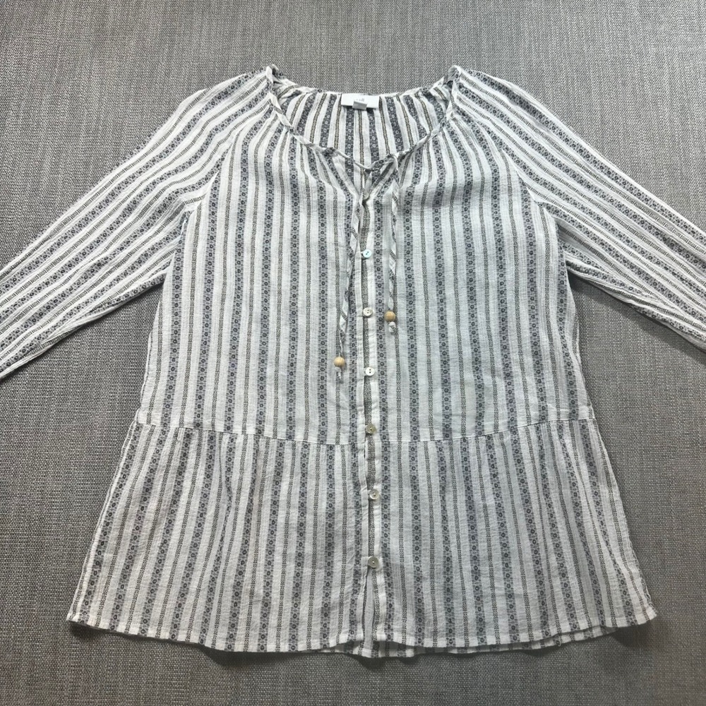 J. Jill‎ Striped Peplum Tunic Women XS White Black Tie Neck Gauze Blouse
